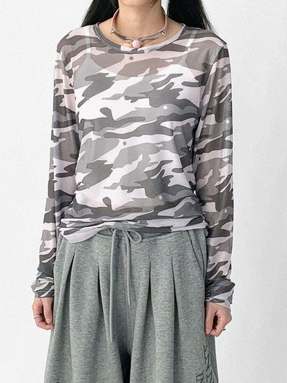Light Pink Sheer Camouflage Round Neck Long Sleeve T-Shirt - innomoood