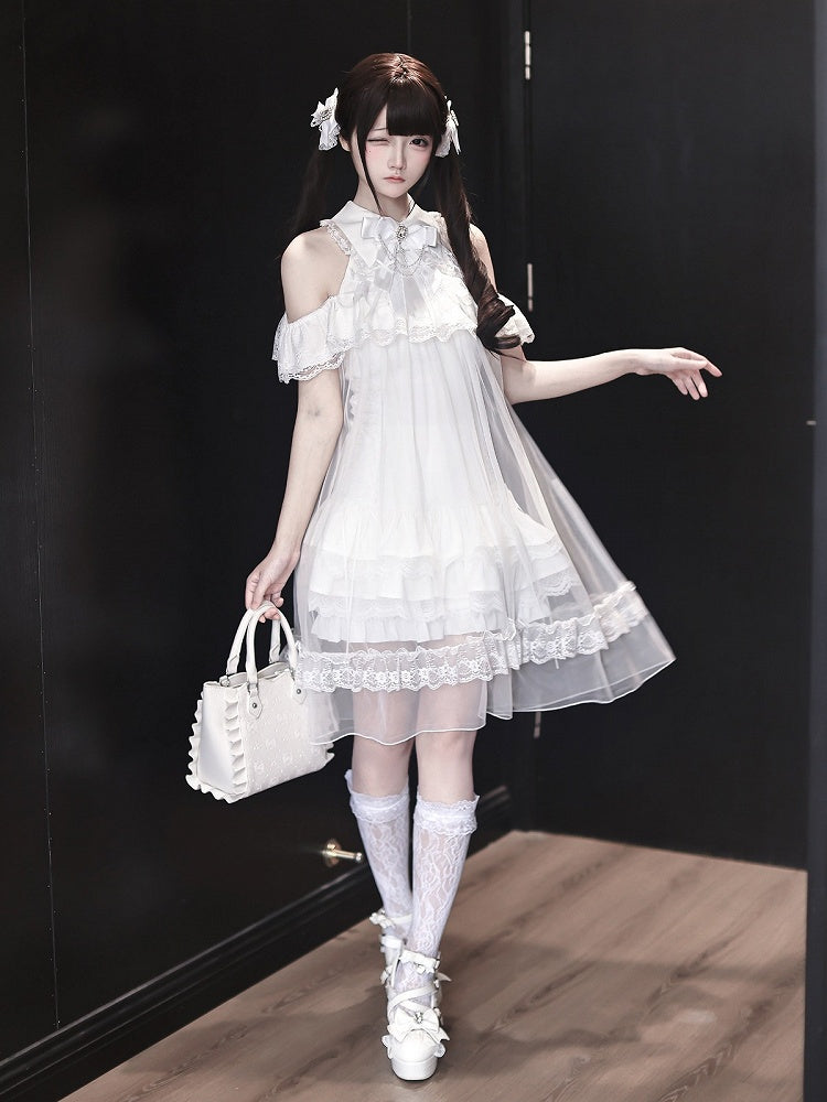 White Landmine Style Cutout Shoulder Dress with Sheer Overlay, Lace and Bow Tie - Ekomi