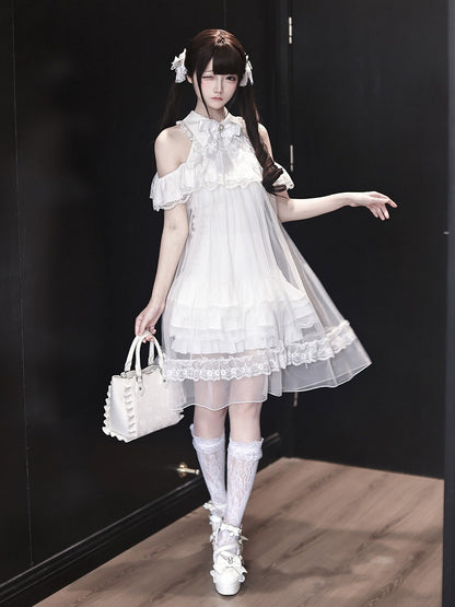 White Landmine Style Cutout Shoulder Dress with Sheer Overlay, Lace and Bow Tie - Ekomi