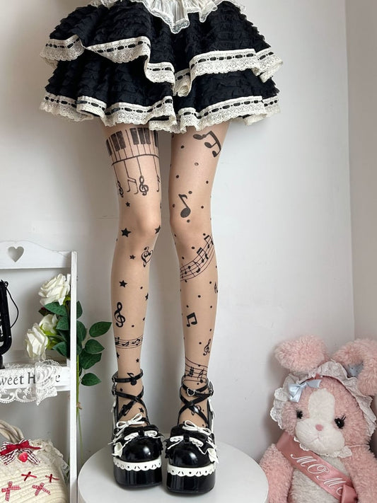 Pantyhose Semi-sheer Print Note Musical Nude / Black