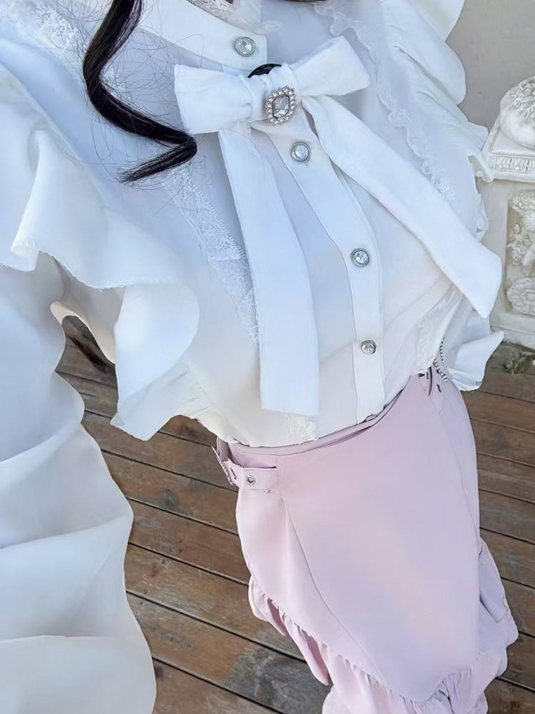 Pink - Ruffled Mermaid Rhinestone Style Long-Sleeve Two-Piece Jirai White Bow Pure Set Kei + Top Skirt