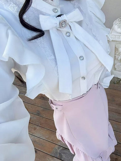 Pink - Ruffled Mermaid Rhinestone Style Long-Sleeve Two-Piece Jirai White Bow Pure Set Kei + Top Skirt