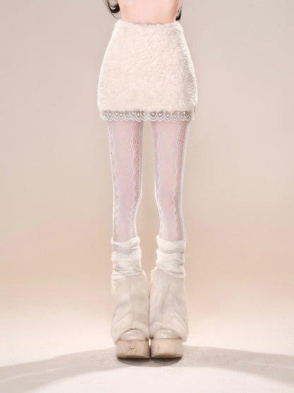 ホワイト/ブラックレーストリム厚手スカート