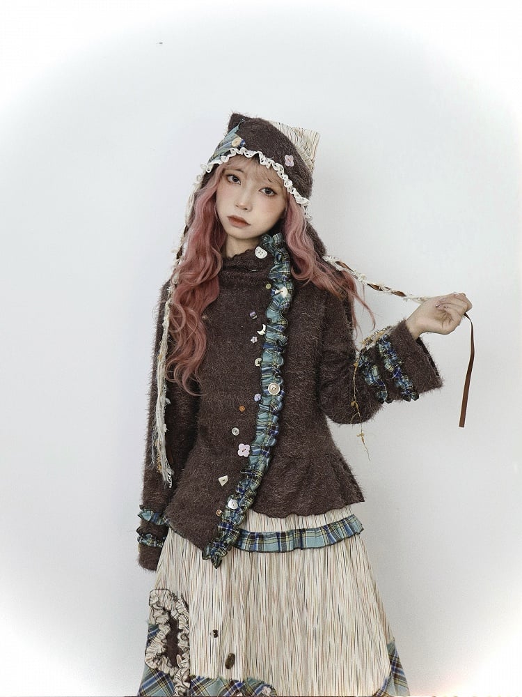 Playful Accents with Brown Kei Buttons Cardigan Mori Green Knit Plaid Vintage