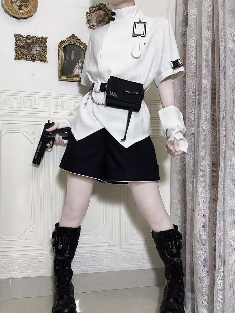 Futuristic Fashion Buckle Collar Techwear White Sleeves Short High Ouji Top