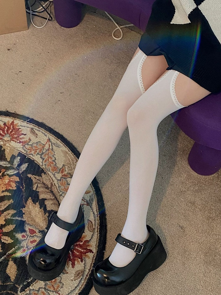 Cutout Lace with Tights Trimmed Black/White Design Velvet