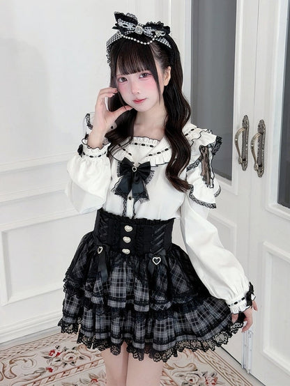 Black Jirai Kei Plaid High-Waist Skirt with Lace Trim Detail - Puppet Bombs