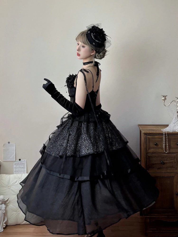 Schwarzes Spaghetti Lolita Kleid mit geschichteten Trägern, elegant, schimmernd
