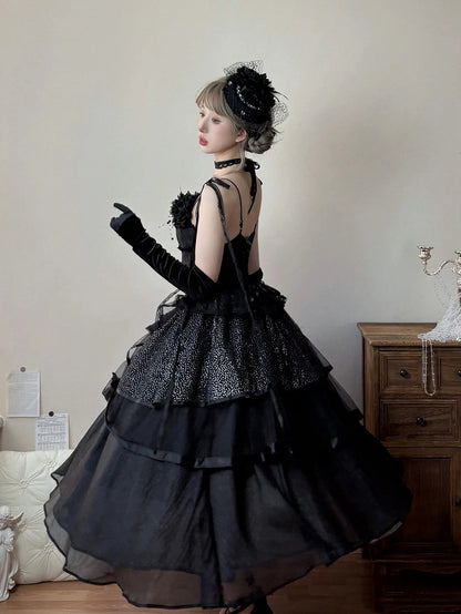 Schwarzes Spaghetti Lolita Kleid mit geschichteten Trägern, elegant, schimmernd