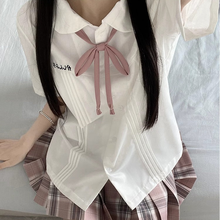 Style Short Preppy Pan White/Blue Peter Shirt Sleeves Version Pleating Details Collar