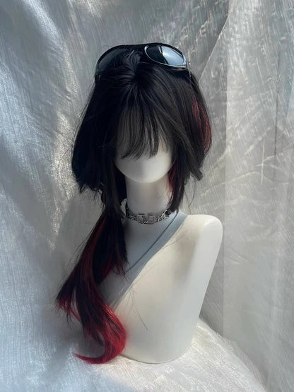 Black with 65CM Bangs Wig Full Straight Red Long Highlight