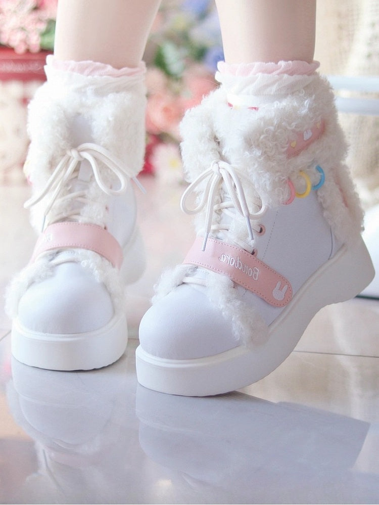 Platform Winter with Accents Fastening Hybrid Plush White Ear Bunny Boots - Themed Sole