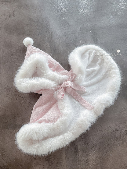 Pink Bow-Embellished Plush Neckline and Hem Boned Dress with Cape Set - POSHEPOSE