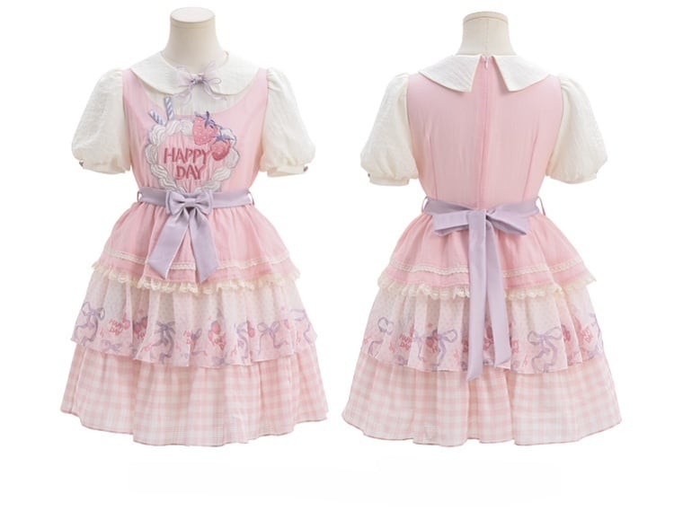 Süße Erdbeerkuchen Stickerei Peter Kragen Lolita Kleid Rock Tiered Pan Pink