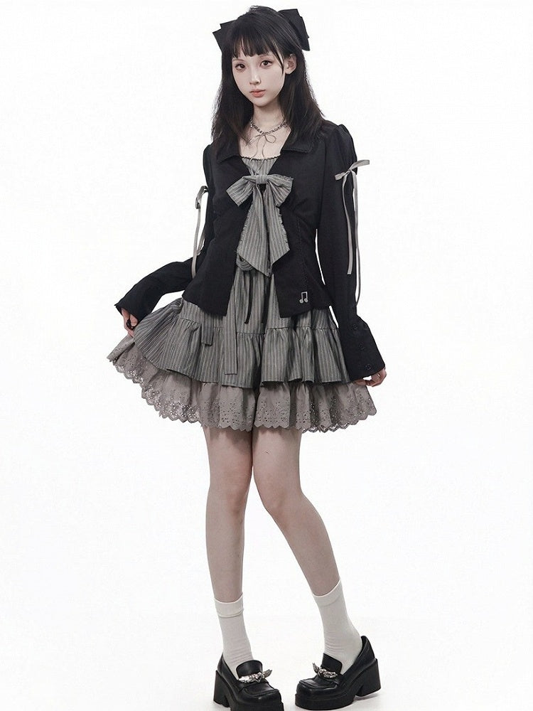 Onyx Lace-Collar Long-Sleeve Top with Musical Embroidery - PINK SAVIOR