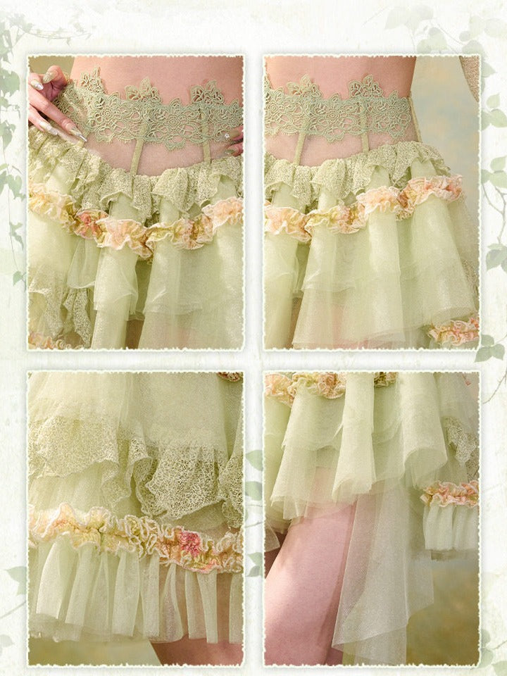 Green Fairycore Mori Layered Lace Skirt with Asymmetrical Hem - Virtual Orbit