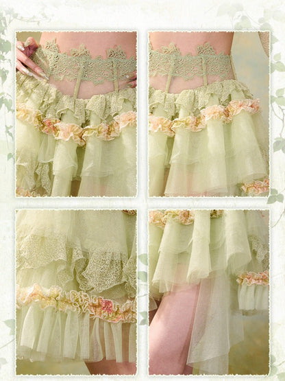 Green Fairycore Mori Layered Lace Skirt with Asymmetrical Hem - Virtual Orbit