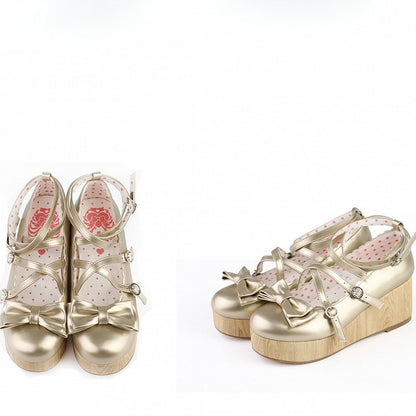 Design PU Shoes with Sweet Bow Lolita Crisscross Golden Accent Platform Wedge