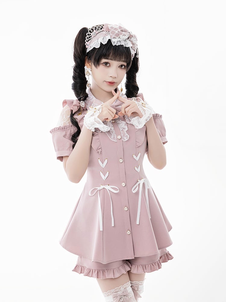Shorts Shoulder Ruffled Pink: Sweet Kei Jirai Set in Brooch Open Decorative with Top