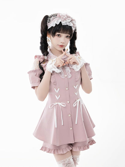 Shorts Shoulder Ruffled Pink: Sweet Kei Jirai Set in Brooch Open Decorative with Top