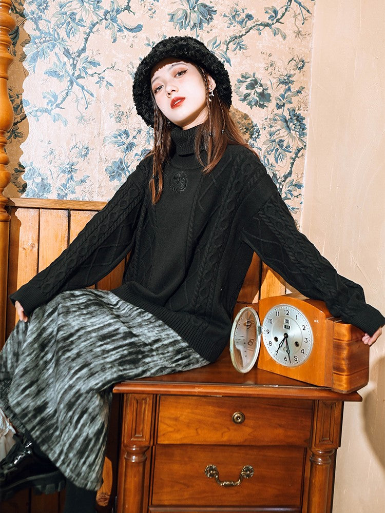 Embroidery Black Cheongsam Knit Gothic Bird Turtleneck with Sweater