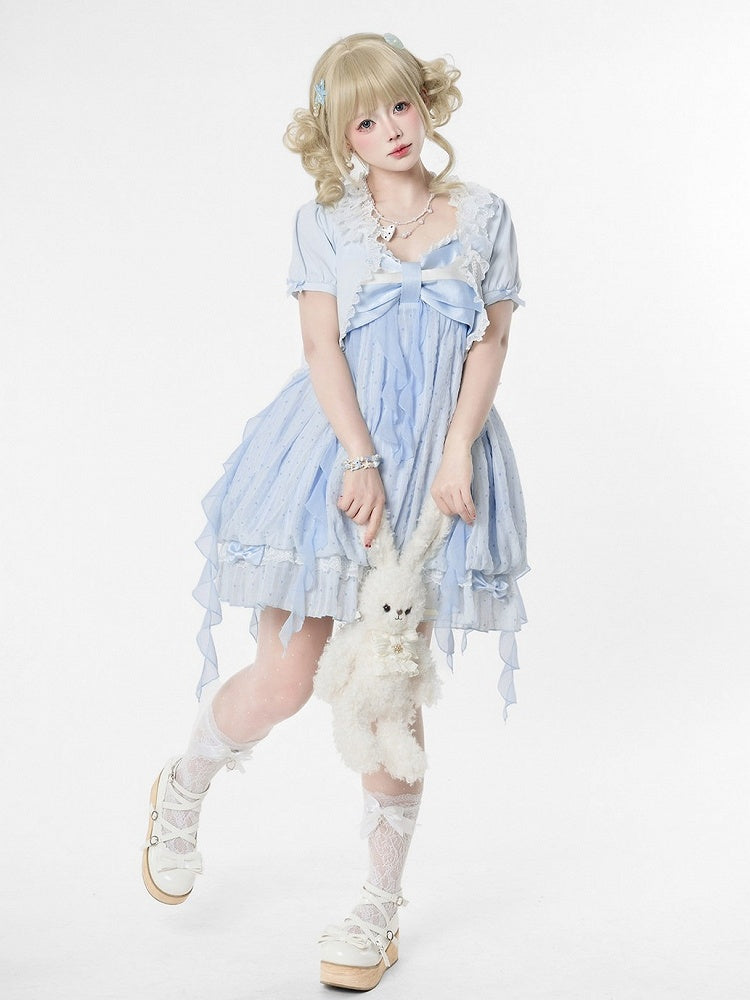 Blue Polka Dot Bow Sleeveless Bubble Dress with Lace - Tan Tuan