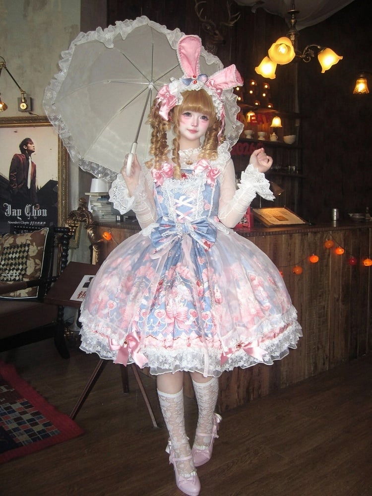 Sweet Blue Lolita JSK Dress with Strawberry Print, Bow and Lace Accents - PG Lullaby
