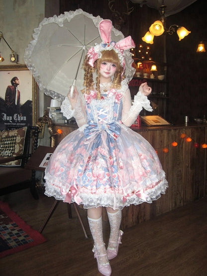 Sweet Blue Lolita JSK Dress with Strawberry Print, Bow and Lace Accents - PG Lullaby