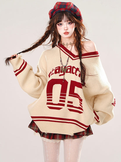 Apricot Numbers Preppy Style V-neck Loose Sweater
