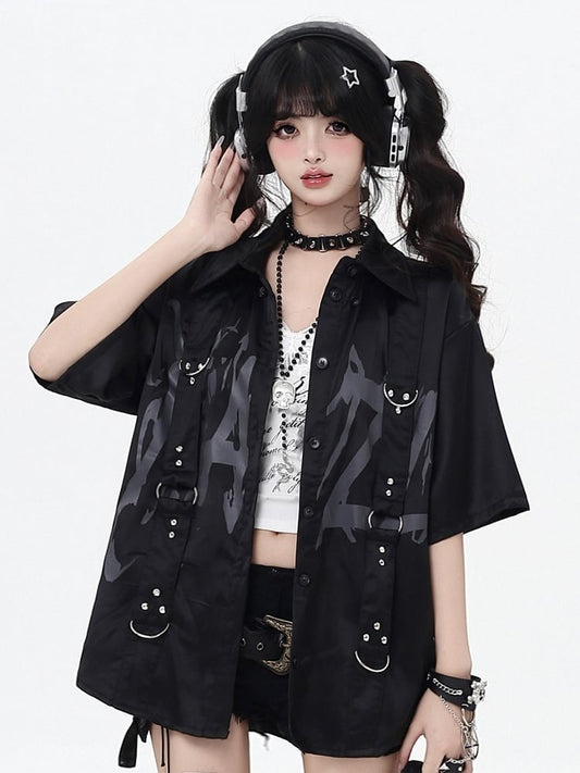 with Shoulder-to-Hem Studded Straps Black Graffiti Gray Shirt Punk Letter