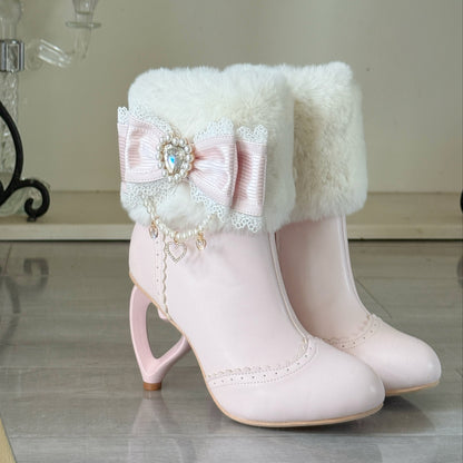 Heart-Shaped Heel Sweet Bow High Heel Ankle Boots BE008