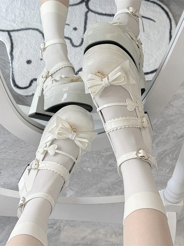 White High with Lolita Decor Heart-shaped Shoes Elegant Mary Snap Jane Bow Block Heel