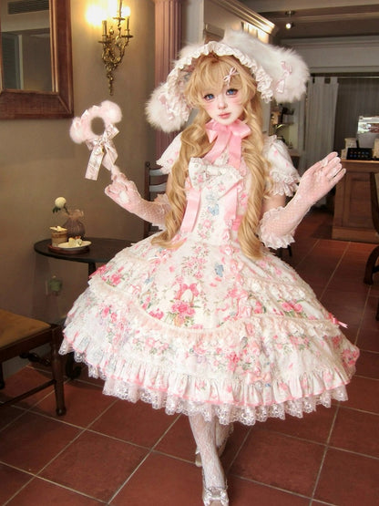 Sweet Floral Old-School OP Dress with Puff Sleeves & Tiered Skirt - Cat Magician