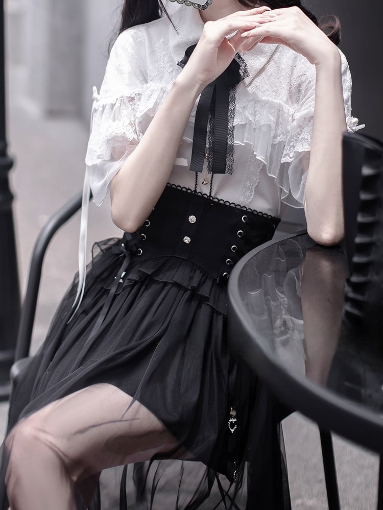 Black Lace-up High Waist Skirt Jirai Kei Style with Mesh Overlay