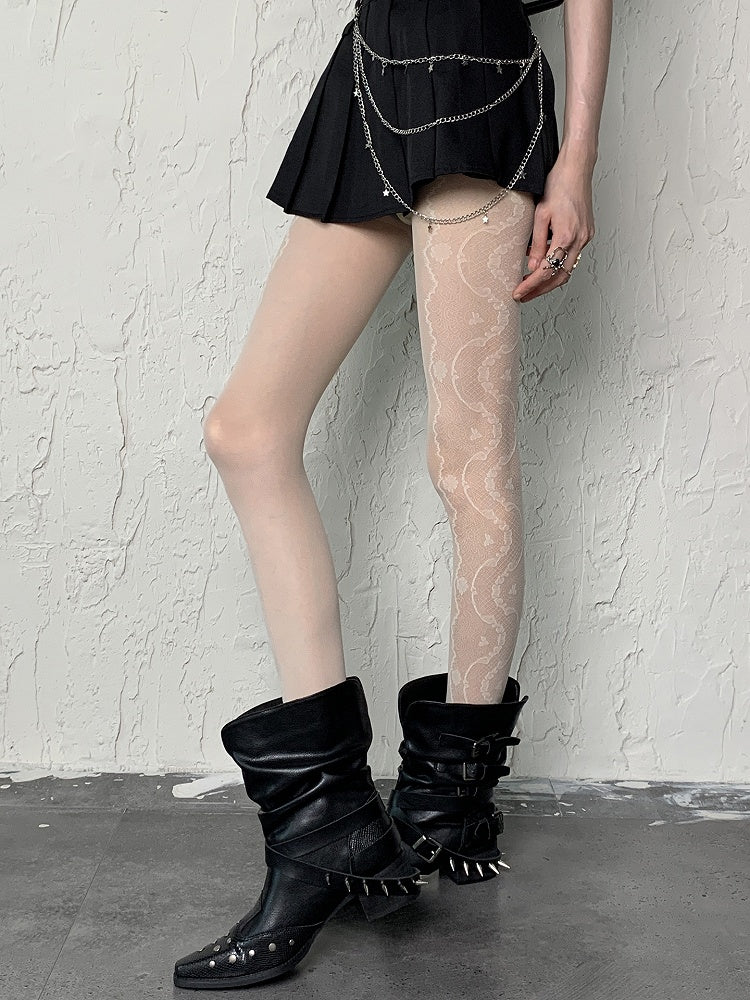 Black/White Pattern Floral Semi-sheer Side Y2K Tights