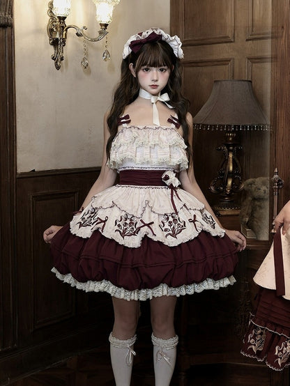 Classic Tulip Floral Embroidered Jacquard Lolita JSK Short Bubble Skirt Dress - Whispering Roses
