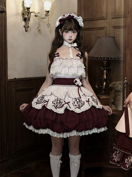 Classic Tulip Floral Embroidered Jacquard Lolita JSK Short Bubble Skirt Dress - Whispering Roses