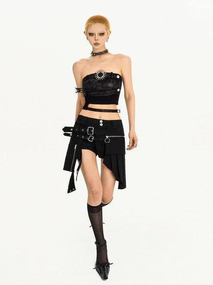 Punk Black Cut-out Strapless Top with Metal Sun Embellishment