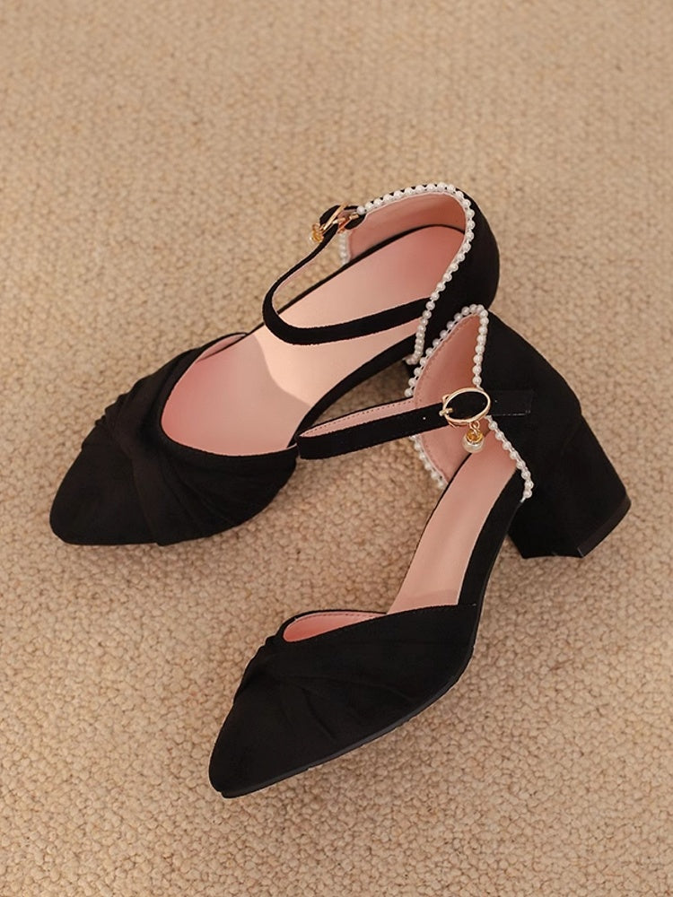 Qi Pointed Lolita Beads Details Sandals Toe Bow Black Twisted