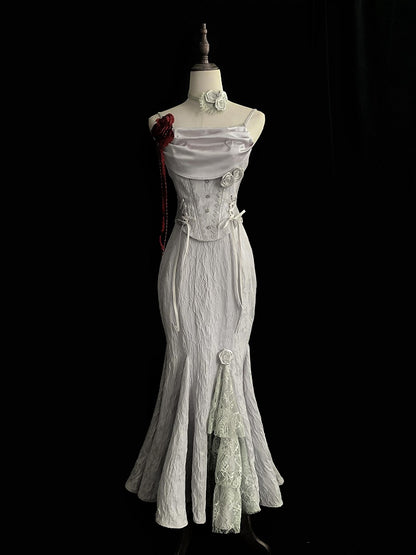 Elegant Gothic Witch Mermaid Skirt in Silver Gray Lolita Style - With PUJI