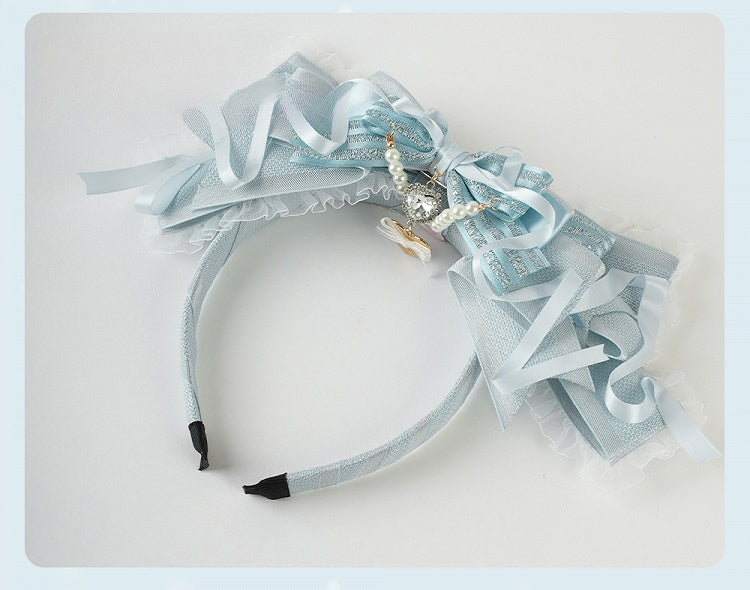 Lolita Blaue Perlenkette mit großer Schleife und Herzanhänger-Spitzenbesatz KC