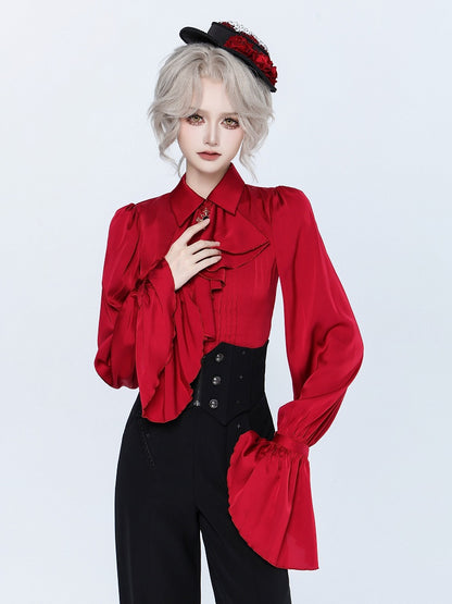 Red Pleated Shirt with Foldover Collar, Ruffle Cuffs, and Jabot Tie - DevilInspired Exclusive Collection