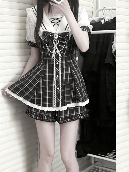 Plaid Bow Mini Dress + Ruffled Back Black Shorts Sailor Collar Self-tie Hem Jirai Kei Set