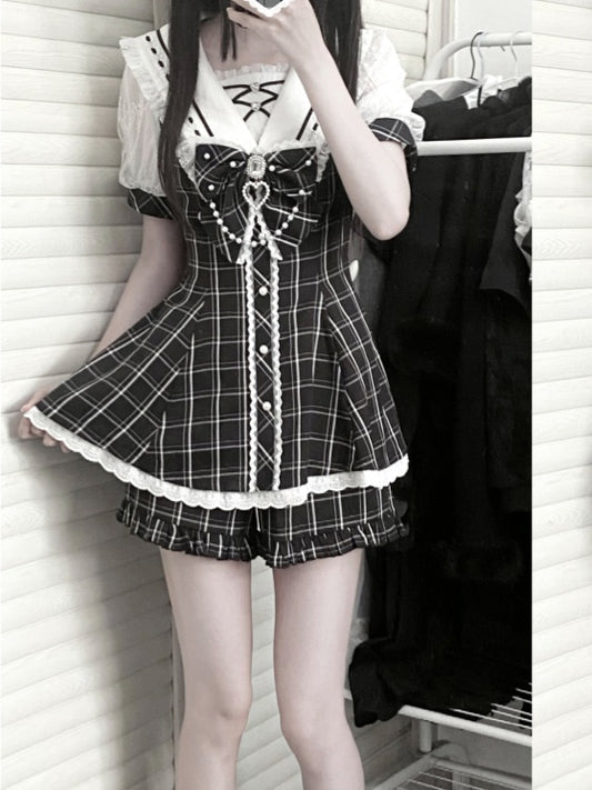 Plaid Bow Mini Dress + Ruffled Back Black Shorts Sailor Collar Self-tie Hem Jirai Kei Set