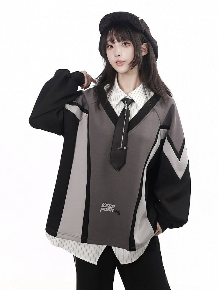 Kawaii Grey Faux Two-Piece Collar Long Sleeve Sweatshirt - PINK SAVIOR