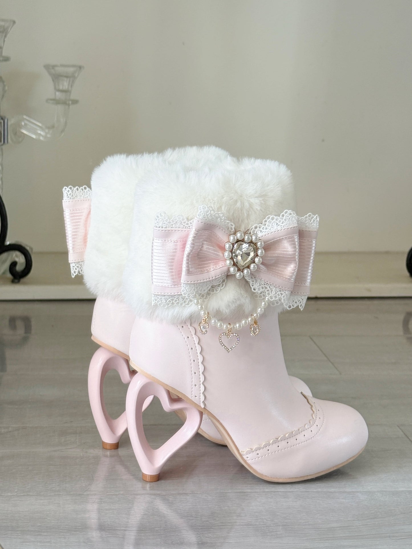 Heart-Shaped Heel Sweet Bow High Heel Ankle Boots BE008