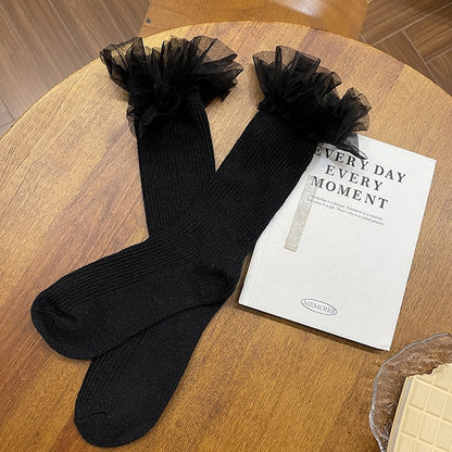 White Sweet Lace Trim Calf Socks