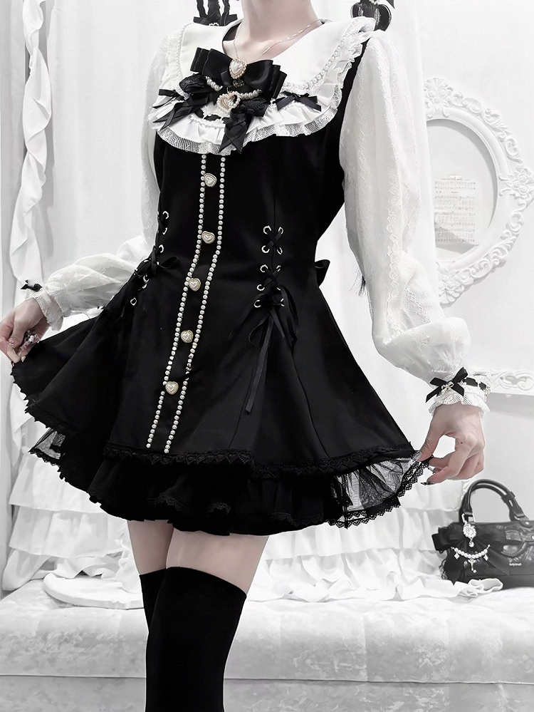 Black & White Jirai-Kei Lace Long Sleeve Dress with Bow & Bead Decorations + Shorts - AOSpace