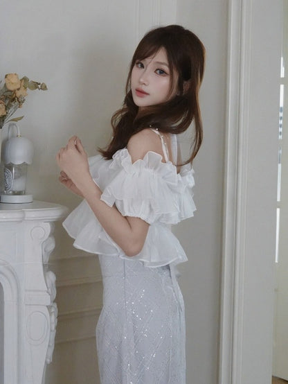 White Ruffle Chiffon Cami with Beaded Straps - Smyster