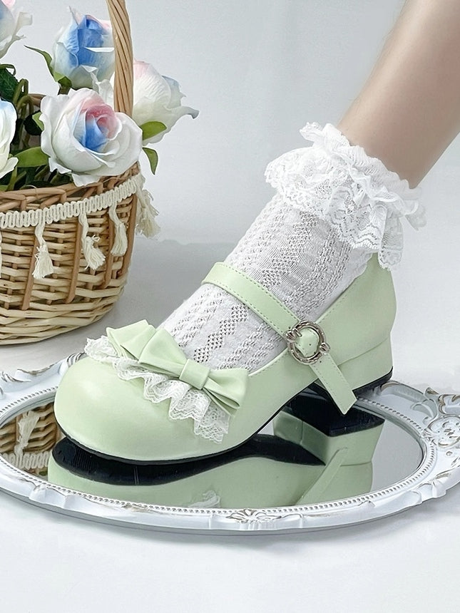 Lace Top Green Trim Grass Low-heel Jane Round Shoes with PU Toe Mary Bow in at Sweet